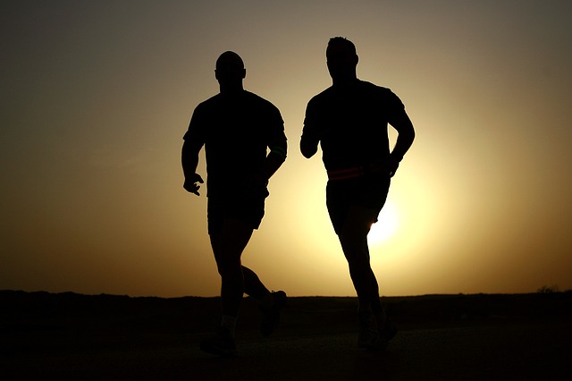 men running, sunrise, desert