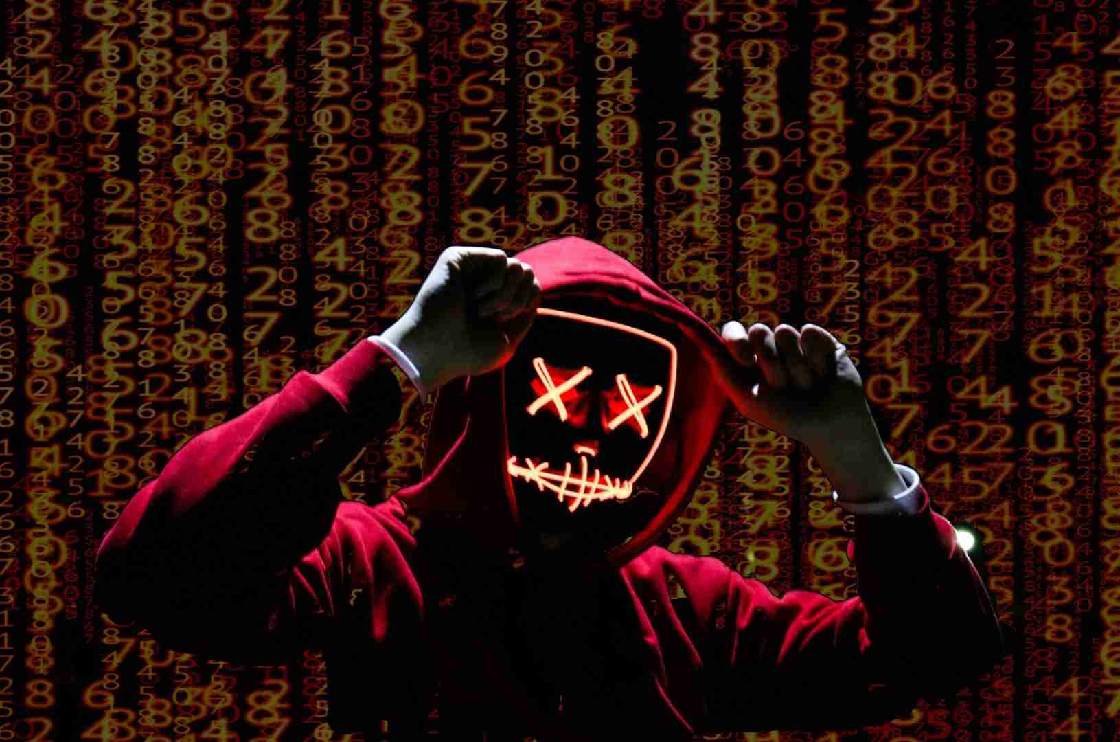 man in digital mask, hacking, coding