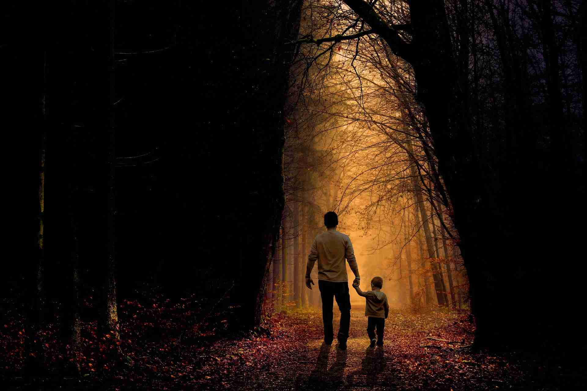 man and boy walking through dark woods