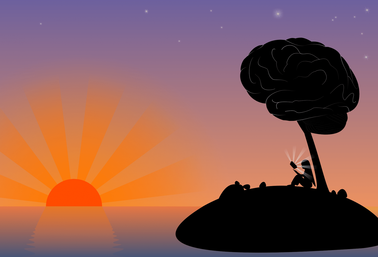 animated sunset and tree, person reading under tree