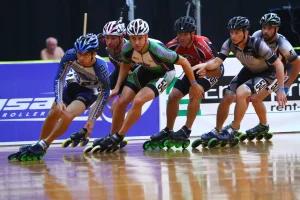 inline speed skating, rollerderby, women racing around track. list of team sports