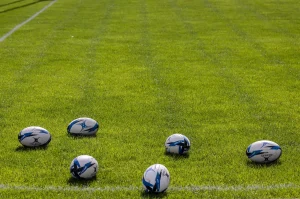 rugby balls on grass