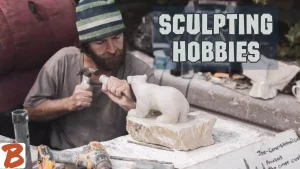 "scultping hobbies", man sculptinga bear out of stone, creative