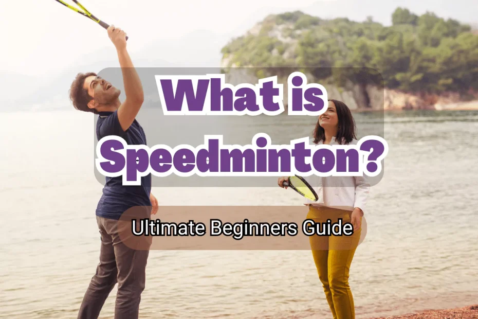 "what is speedminton, ultimate beginners guide" 2 people playing crossminton in background, beach